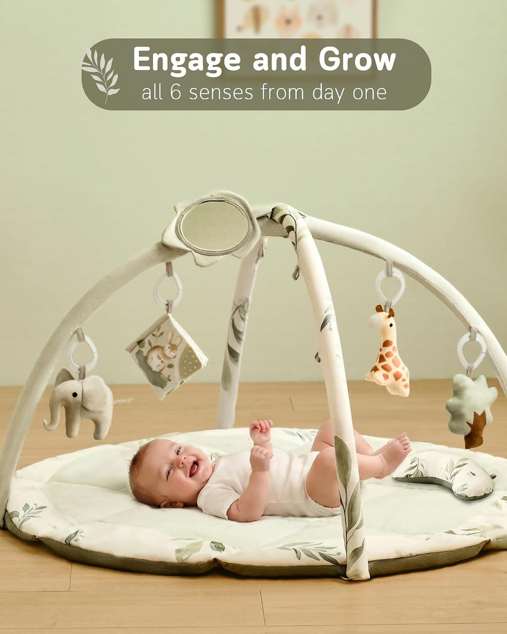 Baby Play Gym & Activity Mat, Machine Washable & Foldable Tummy Time Mat with 5 Detachable Toys, Certified Safe Newborn Essentials Gift for Baby Registry 0-12 Months (Sage Green)