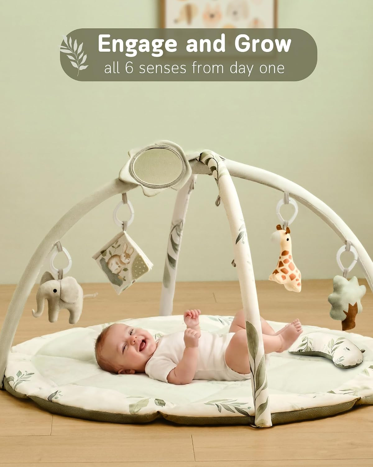 Baby Play Gym & Activity Mat, Machine Washable & Foldable Tummy Time Mat with 5 Detachable Toys, Certified Safe Newborn Essentials Gift for Baby Registry 0-12 Months (Sage Green)