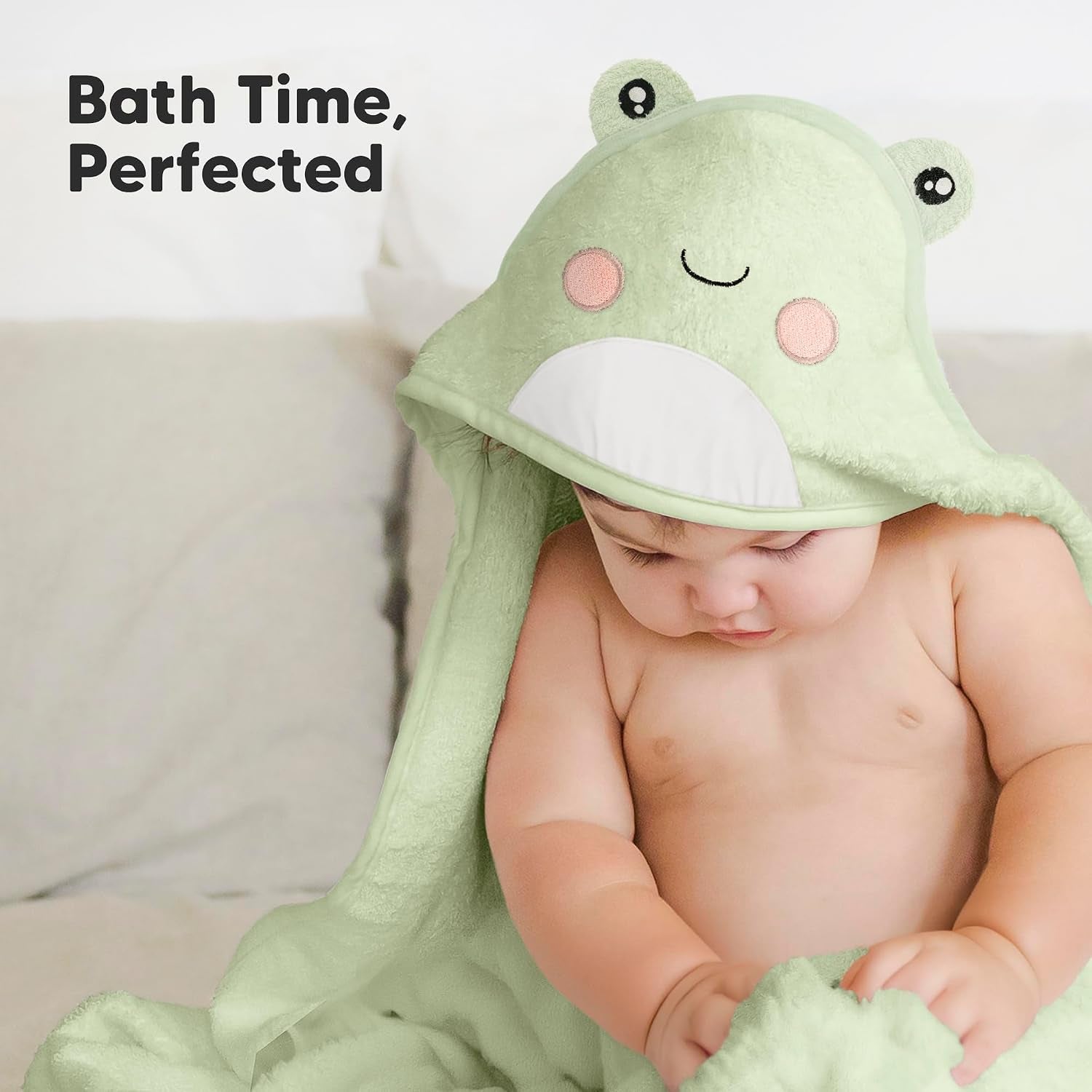 Hooded Baby Towel for Newborn, Baby Bath Towels (Frog, 30X30) | Viscose Derived from Bamboo, Large Baby Towels with Hood, Boys, Girls, Toddler, Soft Absorbent Baby Bath Essentials