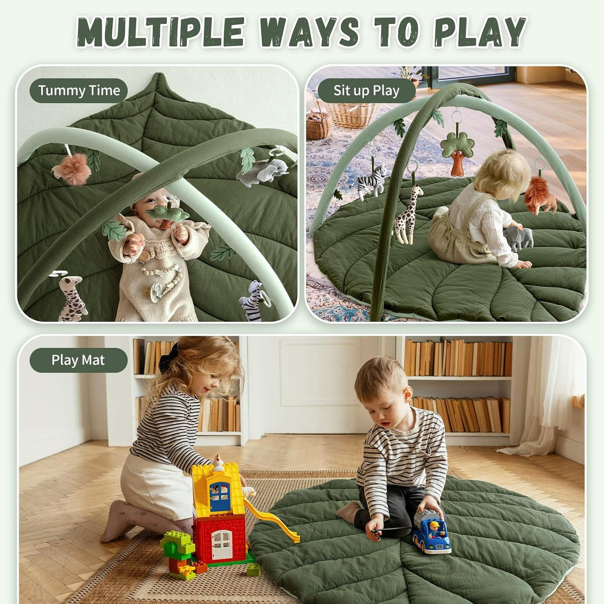 Baby Play Gym with Mat Leaf Shaped, Tummy Time Mat with 5 Hanging Toys | Baby Gym Activity Center, Infant Tummy Time Mat 5 Detachable Toys for Skill Development, Easy to Install, Washable, Green