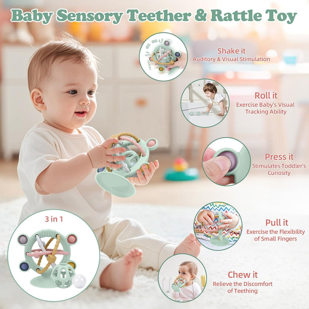 Silicone Baby Teething Toys for Babies 0-6 6-12 Months, Multi Purpose High Chair Toys, Baby Suction Table Toys, Teething Relief Chew Toy, Sensory Rattle Toy with Textures for Infants, Green