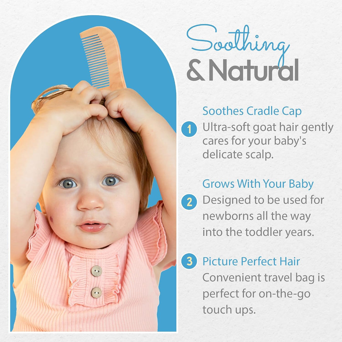 Wooden Baby Hairbrush & Comb Set | Soft Goat Hair Brush for New Born & Toddlers, Prevents Cradle Cap, 3-In-1 Gift Set for Baby Shower Celebrations