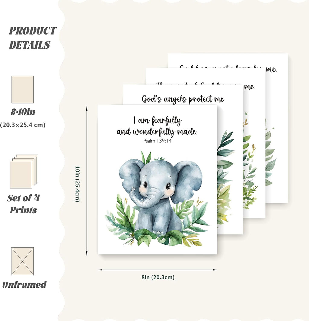 Woodland Nursery Animals Bible Verse Decor Wall Art Prints Poster, Cute Baby Forest Nursery Room Bedroom Bathroom Playroom Wall Art Decor for Nursery Kids Teen Girls Gifts, Christian Classroom Wall Decor, 10X8 Inch Set of 4 Pcs Gifts for Kids Pictures (UNFRAMED)