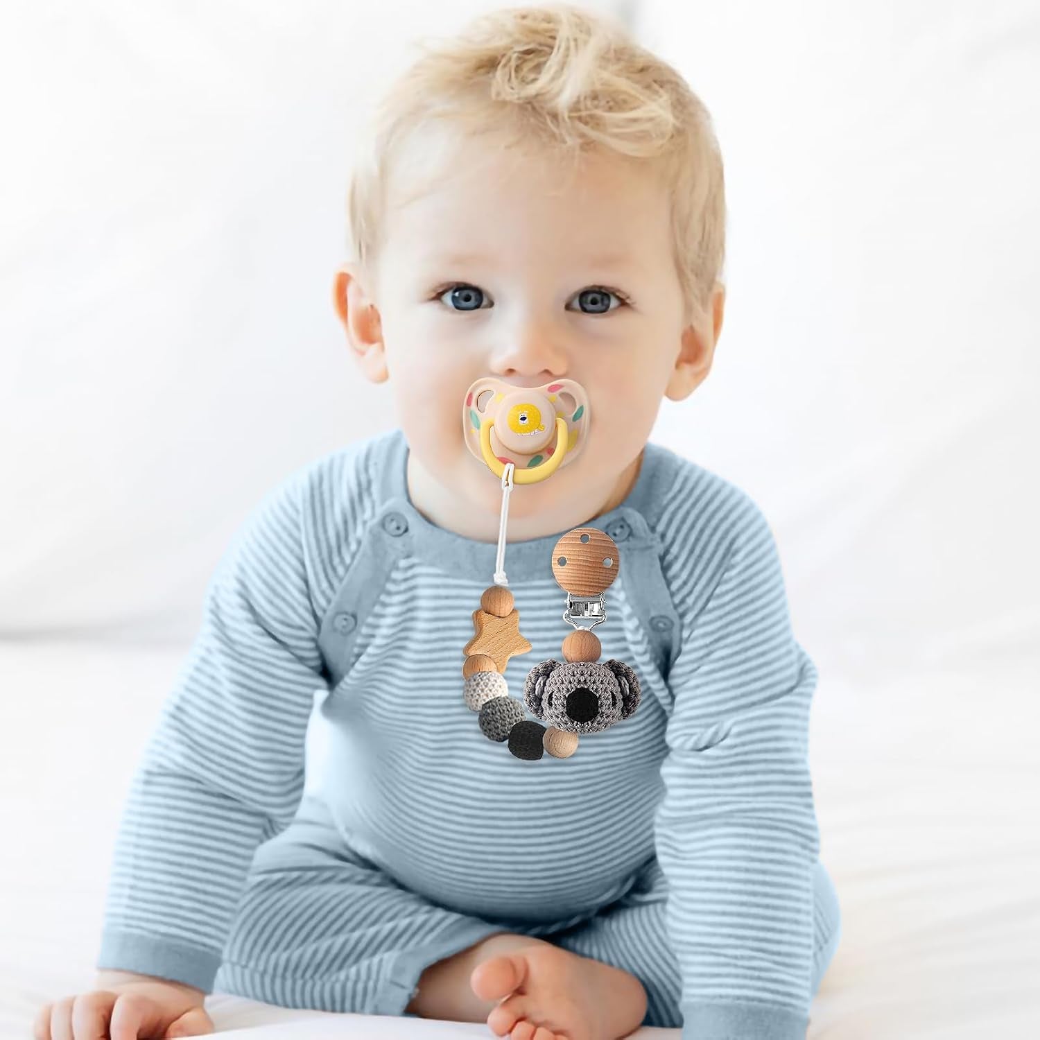 Pacifier Clip, 2 Pack Pacifier Clips for Boys and Girls, Cute Koala & Bear Handmade Knitted Pacifier Holder Fits for Most Pacifier, Baby Teethers, Baby Shower and Baby Gift