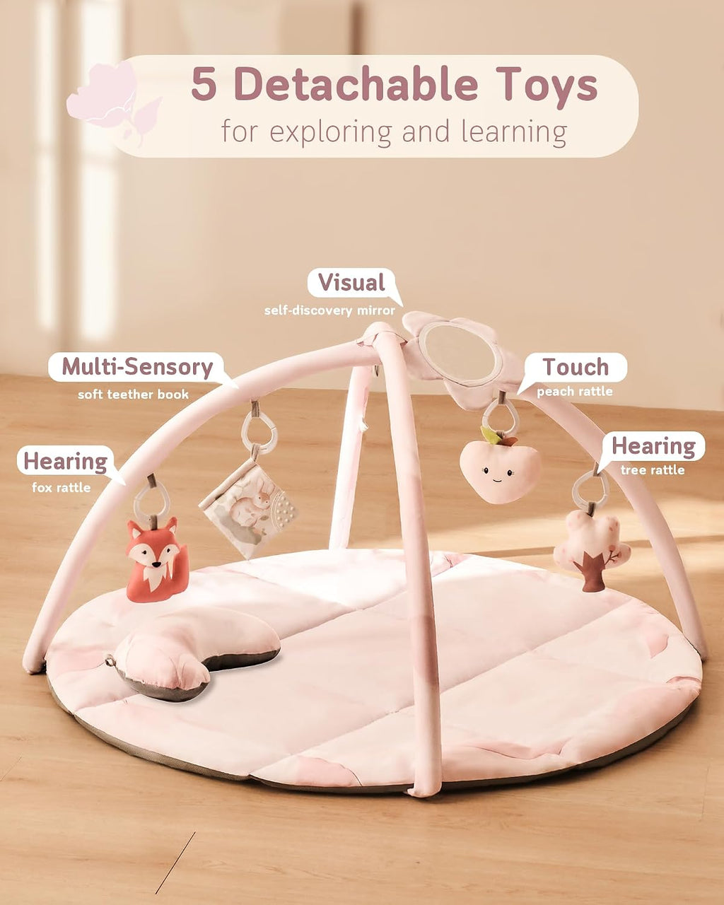 Baby Play Gym & Activity Mat, Machine Washable & Foldable Tummy Time Mat with 5 Detachable Toys, Certified Safe Newborn Essentials Gift for Baby Registry 0-12 Months (Rose Pink)