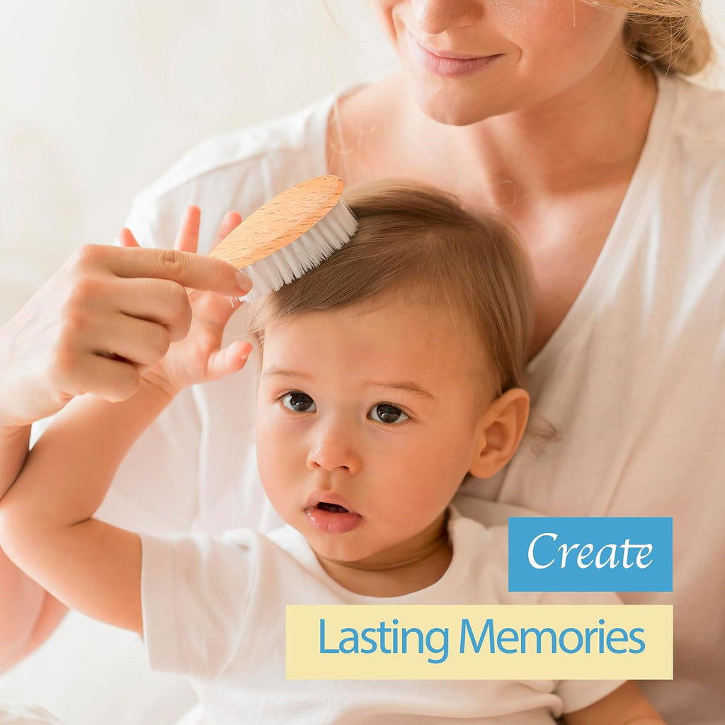 Wooden Baby Hairbrush & Comb Set | Soft Goat Hair Brush for New Born & Toddlers, Prevents Cradle Cap, 3-In-1 Gift Set for Baby Shower Celebrations