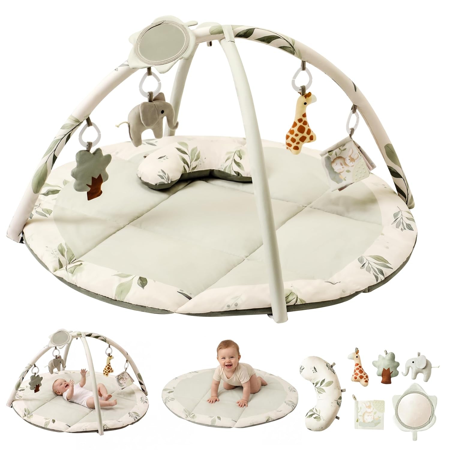 Baby Play Gym & Activity Mat, Machine Washable & Foldable Tummy Time Mat with 5 Detachable Toys, Certified Safe Newborn Essentials Gift for Baby Registry 0-12 Months (Sage Green)