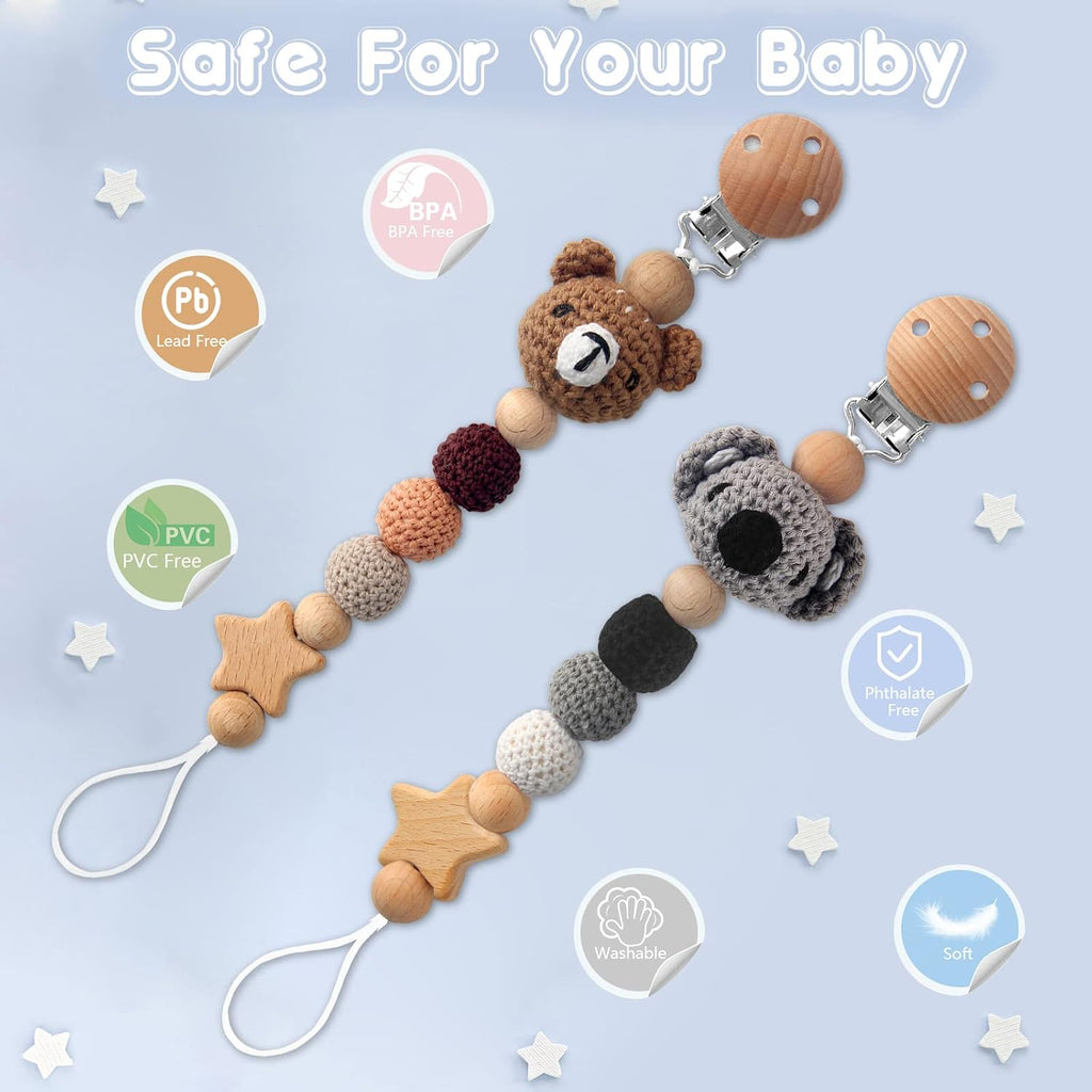 Pacifier Clip, 2 Pack Pacifier Clips for Boys and Girls, Cute Koala & Bear Handmade Knitted Pacifier Holder Fits for Most Pacifier, Baby Teethers, Baby Shower and Baby Gift