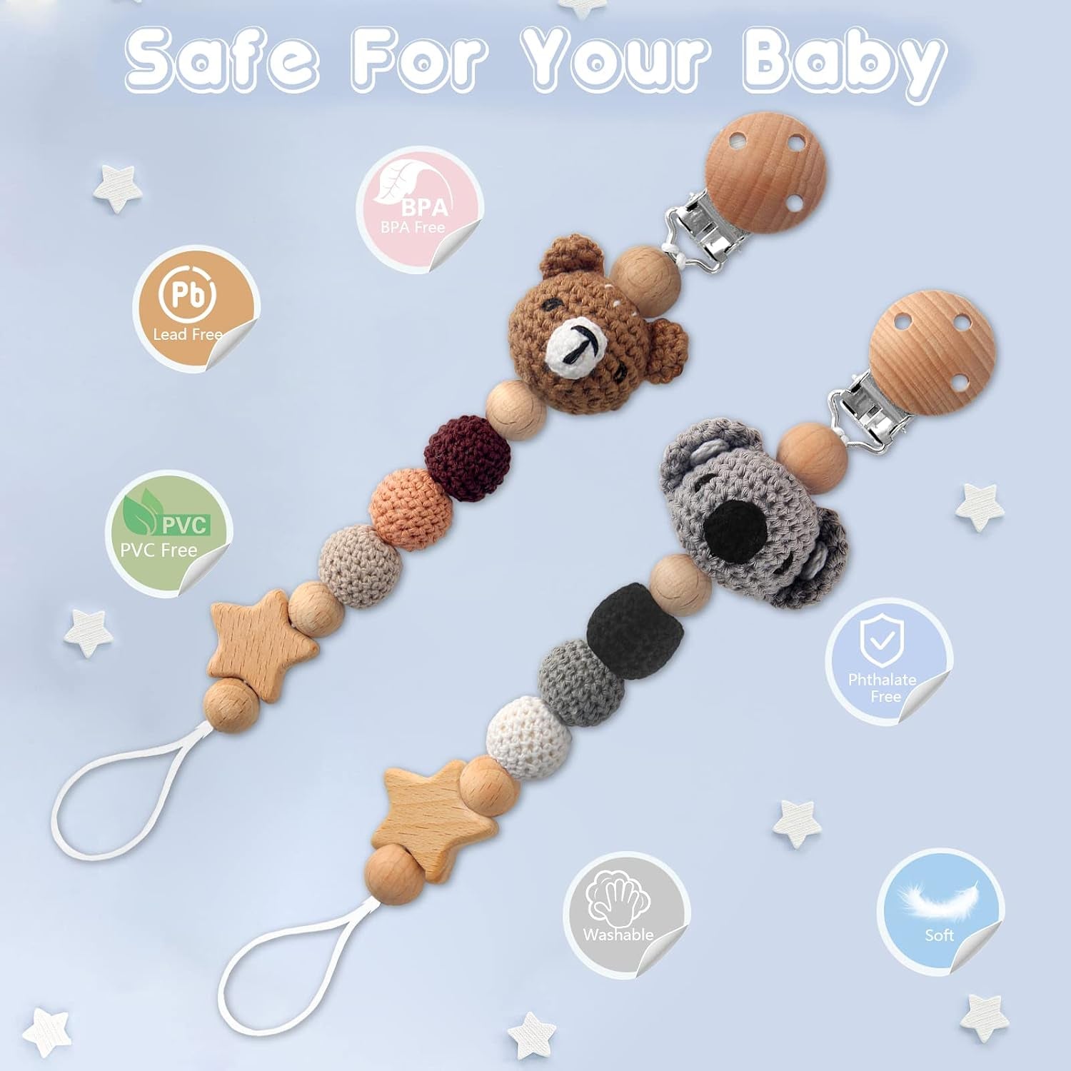 Pacifier Clip, 2 Pack Pacifier Clips for Boys and Girls, Cute Koala & Bear Handmade Knitted Pacifier Holder Fits for Most Pacifier, Baby Teethers, Baby Shower and Baby Gift