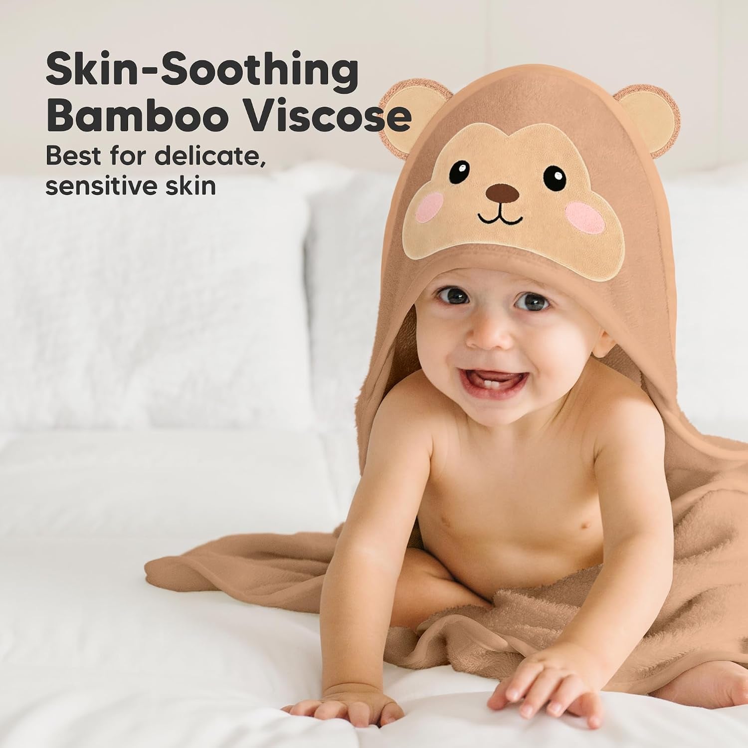 Hooded Baby Towel for Newborn, Baby Bath Towels (Monkey, 35X35) | Viscose Derived from Bamboo, Large Baby Towels with Hood, Boys, Girls, Toddler, Soft Absorbent Baby Bath Essentials