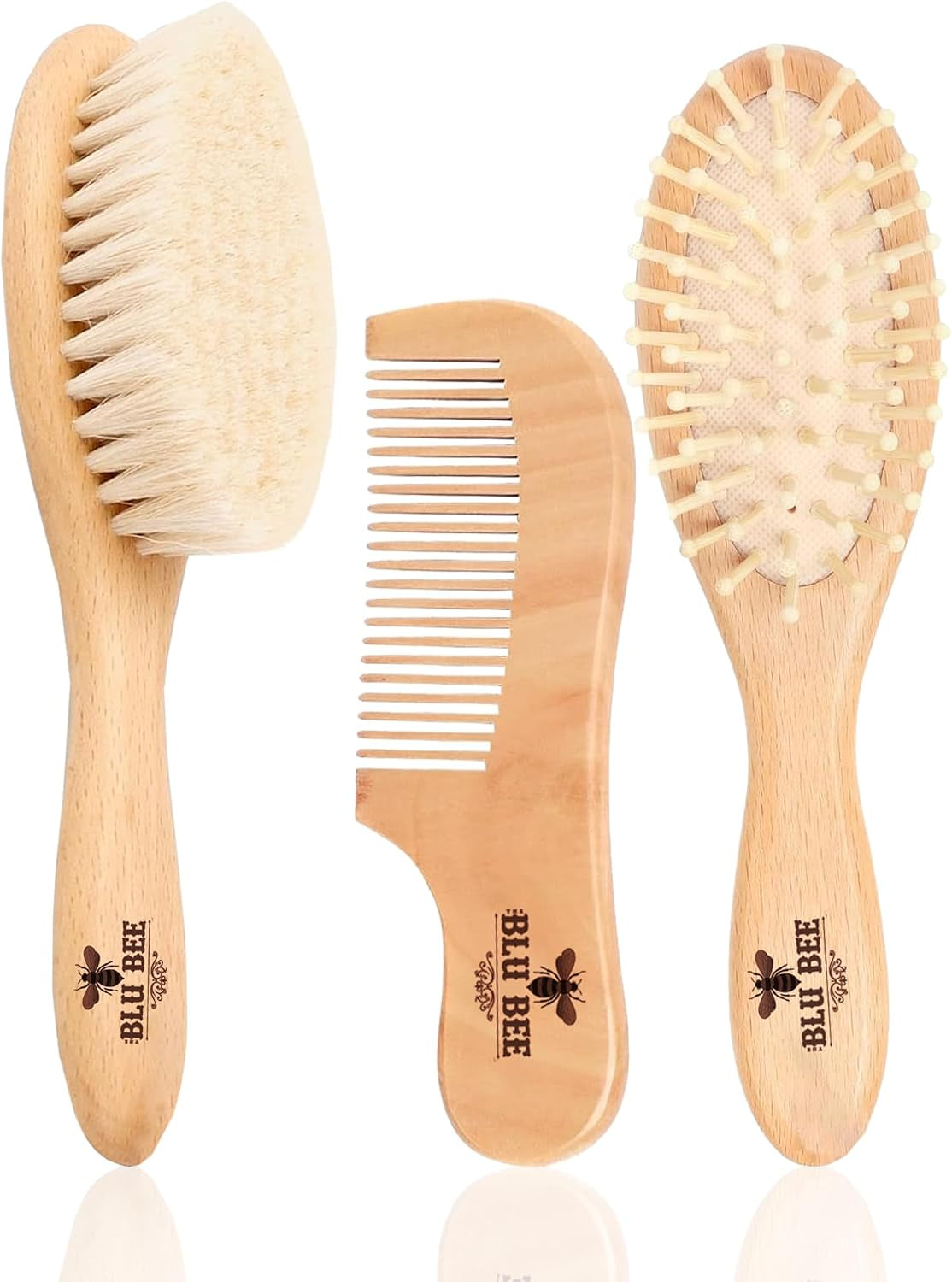 Wooden Baby Hairbrush & Comb Set | Soft Goat Hair Brush for New Born & Toddlers, Prevents Cradle Cap, 3-In-1 Gift Set for Baby Shower Celebrations