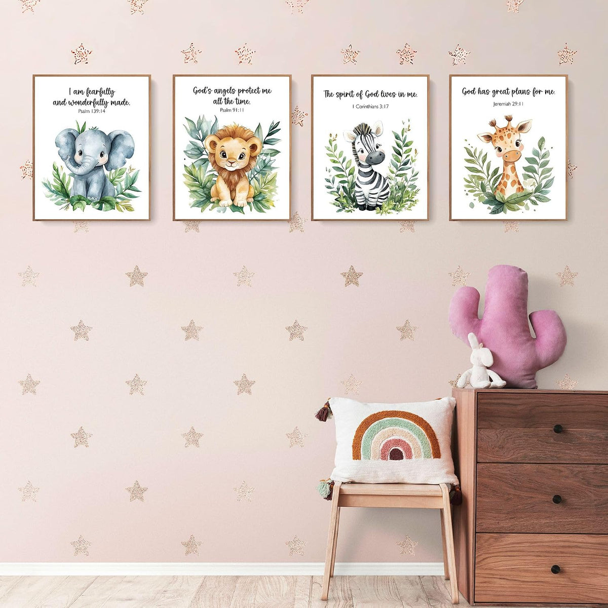 Woodland Nursery Animals Bible Verse Decor Wall Art Prints Poster, Cute Baby Forest Nursery Room Bedroom Bathroom Playroom Wall Art Decor for Nursery Kids Teen Girls Gifts, Christian Classroom Wall Decor, 10X8 Inch Set of 4 Pcs Gifts for Kids Pictures (UNFRAMED)