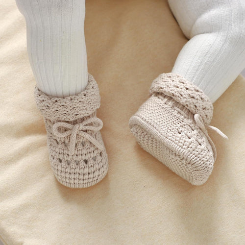 Baby Booties 100% Cotton Knitted Newborn First Cozy Warm Crib Shoes for Toddler Infant Boy Girl Babys Shower Gift