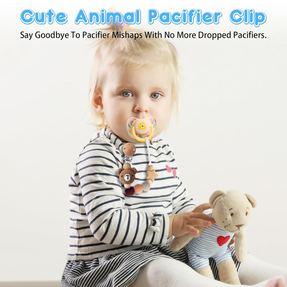 Pacifier Clip, 2 Pack Pacifier Clips for Boys and Girls, Cute Koala & Bear Handmade Knitted Pacifier Holder Fits for Most Pacifier, Baby Teethers, Baby Shower and Baby Gift