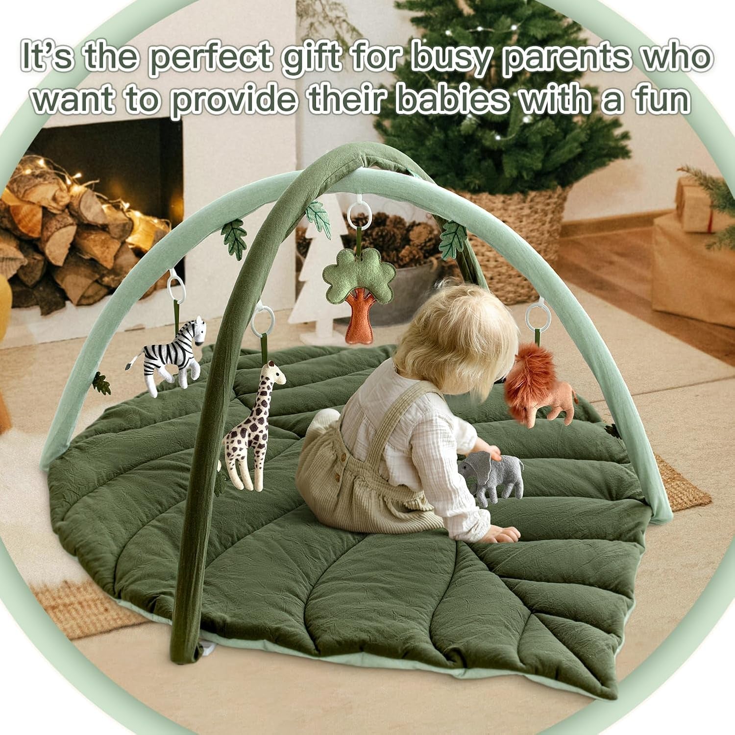 Baby Play Gym with Mat Leaf Shaped, Tummy Time Mat with 5 Hanging Toys | Baby Gym Activity Center, Infant Tummy Time Mat 5 Detachable Toys for Skill Development, Easy to Install, Washable, Green