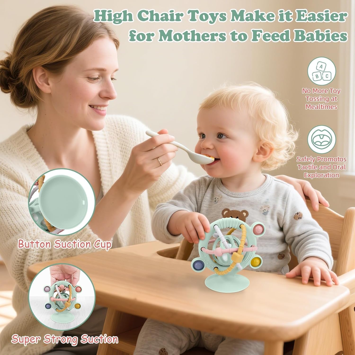 Silicone Baby Teething Toys for Babies 0-6 6-12 Months, Multi Purpose High Chair Toys, Baby Suction Table Toys, Teething Relief Chew Toy, Sensory Rattle Toy with Textures for Infants, Green