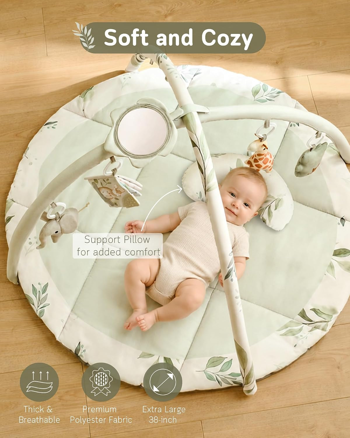 Baby Play Gym & Activity Mat, Machine Washable & Foldable Tummy Time Mat with 5 Detachable Toys, Certified Safe Newborn Essentials Gift for Baby Registry 0-12 Months (Sage Green)