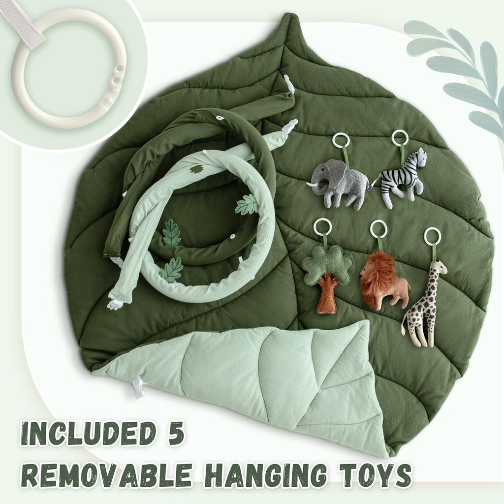 Baby Play Gym with Mat Leaf Shaped, Tummy Time Mat with 5 Hanging Toys | Baby Gym Activity Center, Infant Tummy Time Mat 5 Detachable Toys for Skill Development, Easy to Install, Washable, Green
