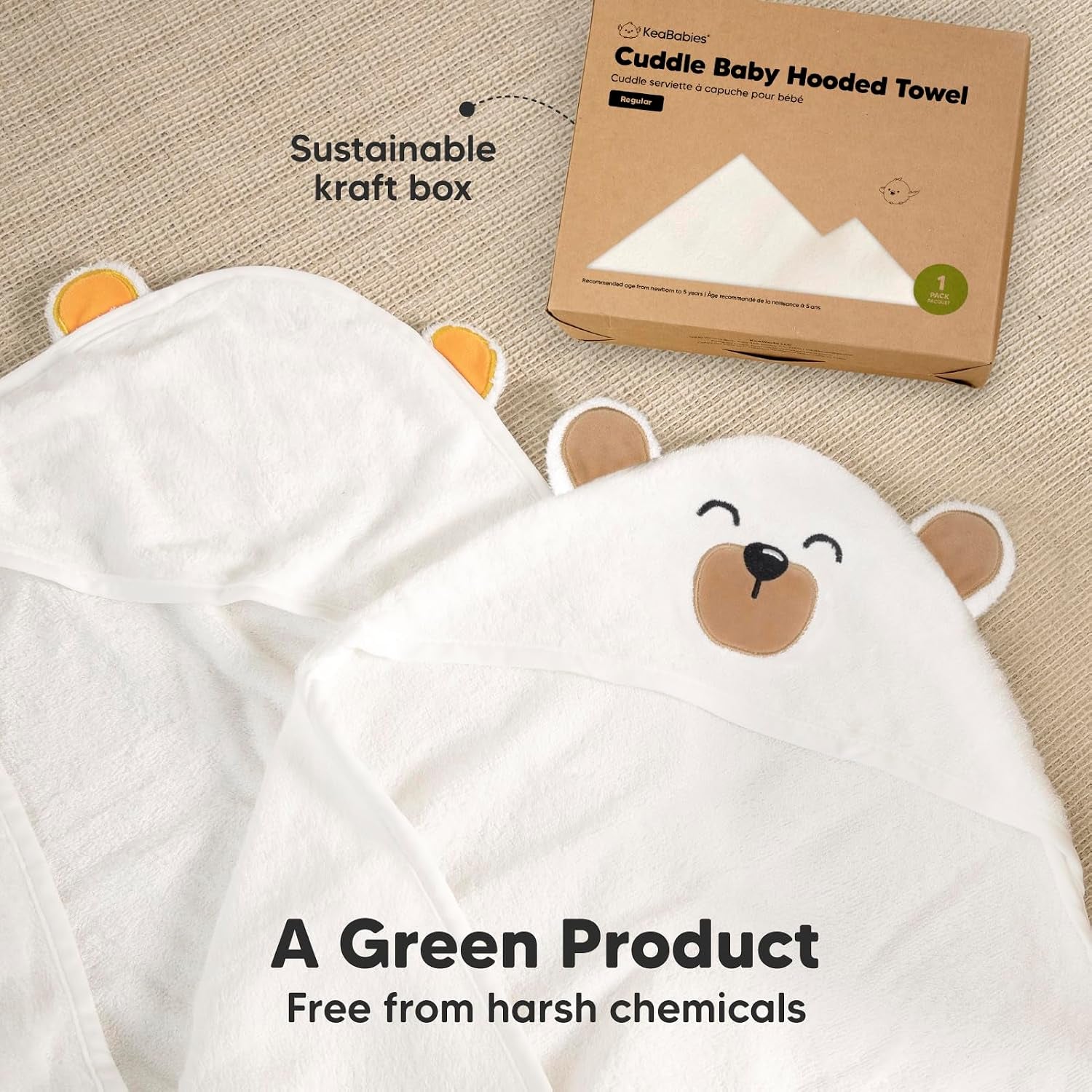 Hooded Baby Towel for Newborn, Baby Bath Towels (Grizzly, 35X35) | Viscose Derived from Bamboo, Large Baby Towels with Hood, Boys, Girls, Toddler, Soft Absorbent Baby Bath Essentials