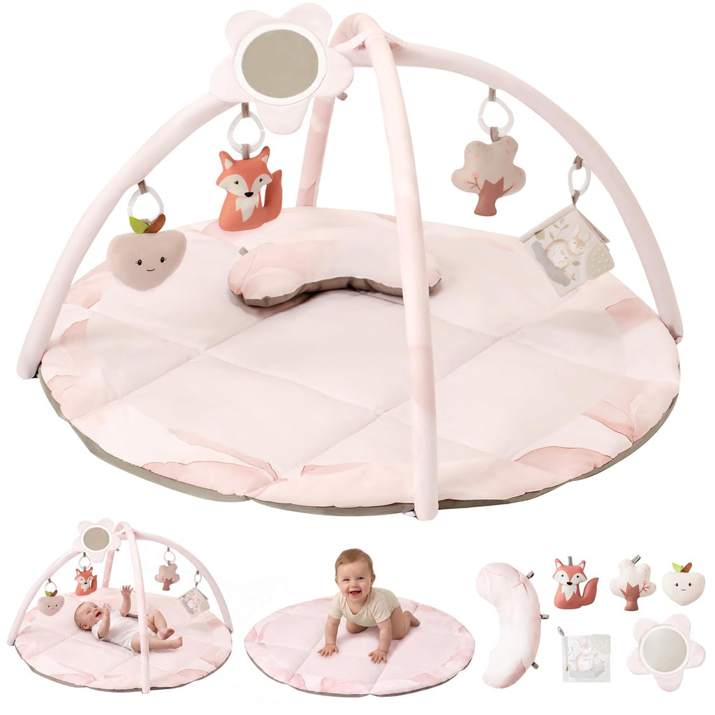 Baby Play Gym & Activity Mat, Machine Washable & Foldable Tummy Time Mat with 5 Detachable Toys, Certified Safe Newborn Essentials Gift for Baby Registry 0-12 Months (Rose Pink)