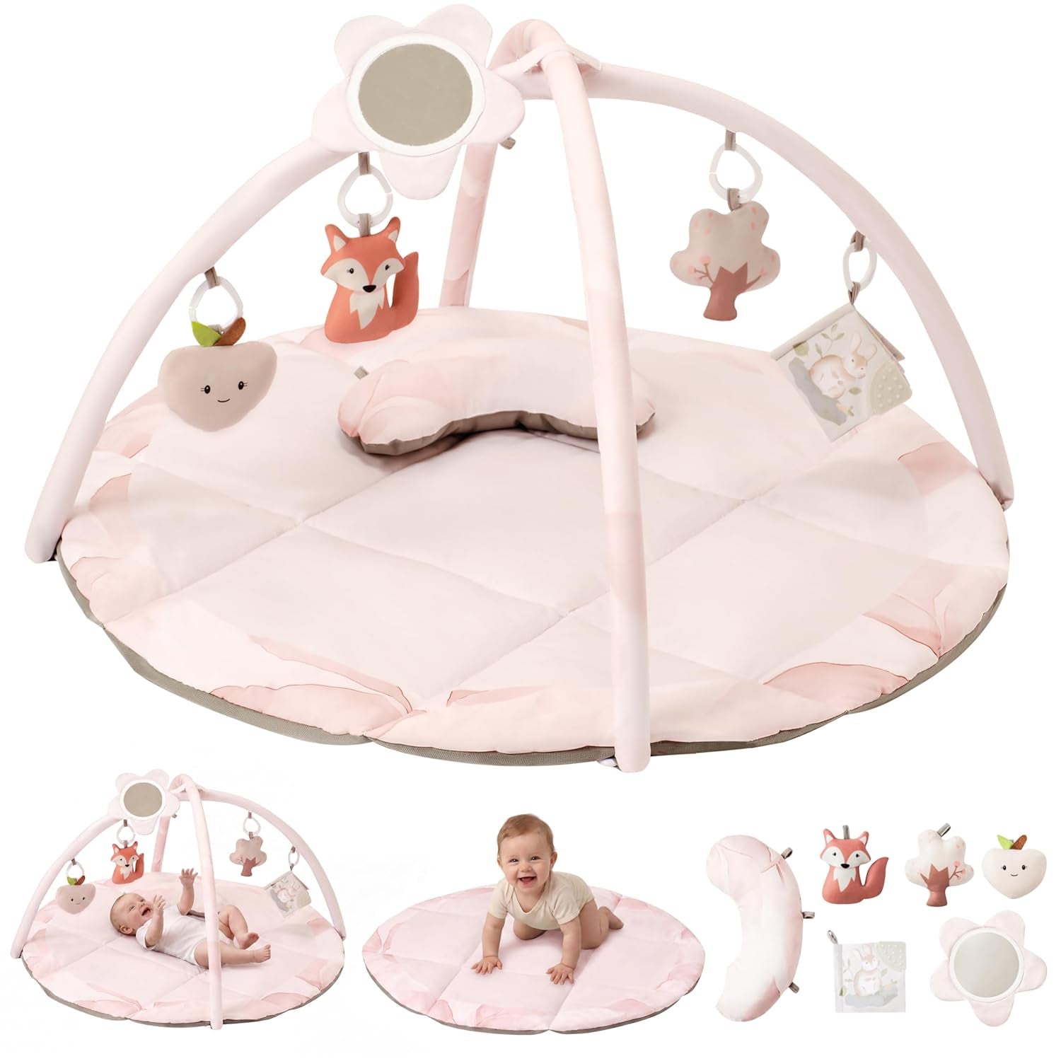 Baby Play Gym & Activity Mat, Machine Washable & Foldable Tummy Time Mat with 5 Detachable Toys, Certified Safe Newborn Essentials Gift for Baby Registry 0-12 Months (Rose Pink)