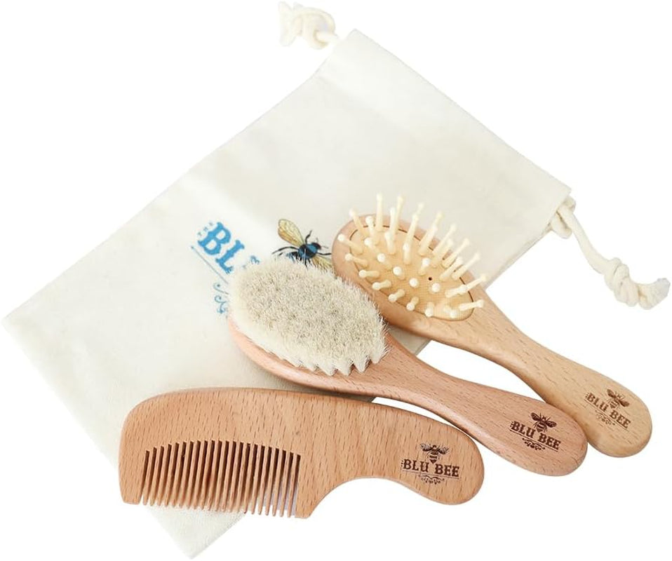 Wooden Baby Hairbrush & Comb Set | Soft Goat Hair Brush for New Born & Toddlers, Prevents Cradle Cap, 3-In-1 Gift Set for Baby Shower Celebrations