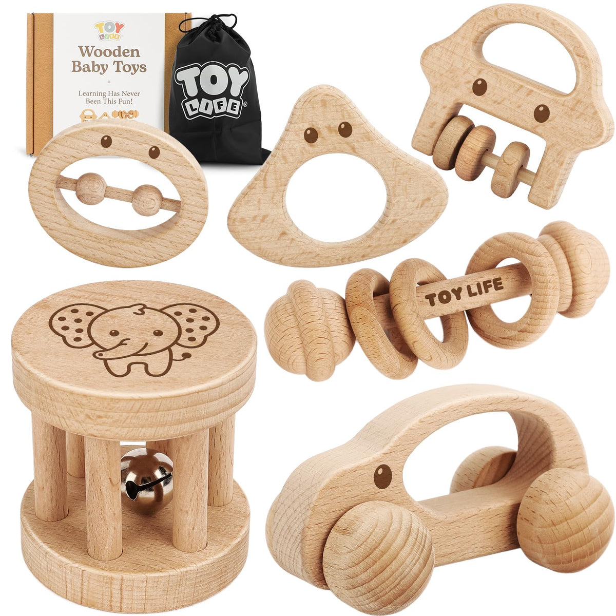 Wooden Toys Cars, Montessori Baby Toys 6-12 Months, Wooden Baby Toys Rattle Cars for Toddlers 1-3, Baby Boy Nursery Decor, Montessori Toys for 1 Year Old Boy (6 PCS Rattle Set)