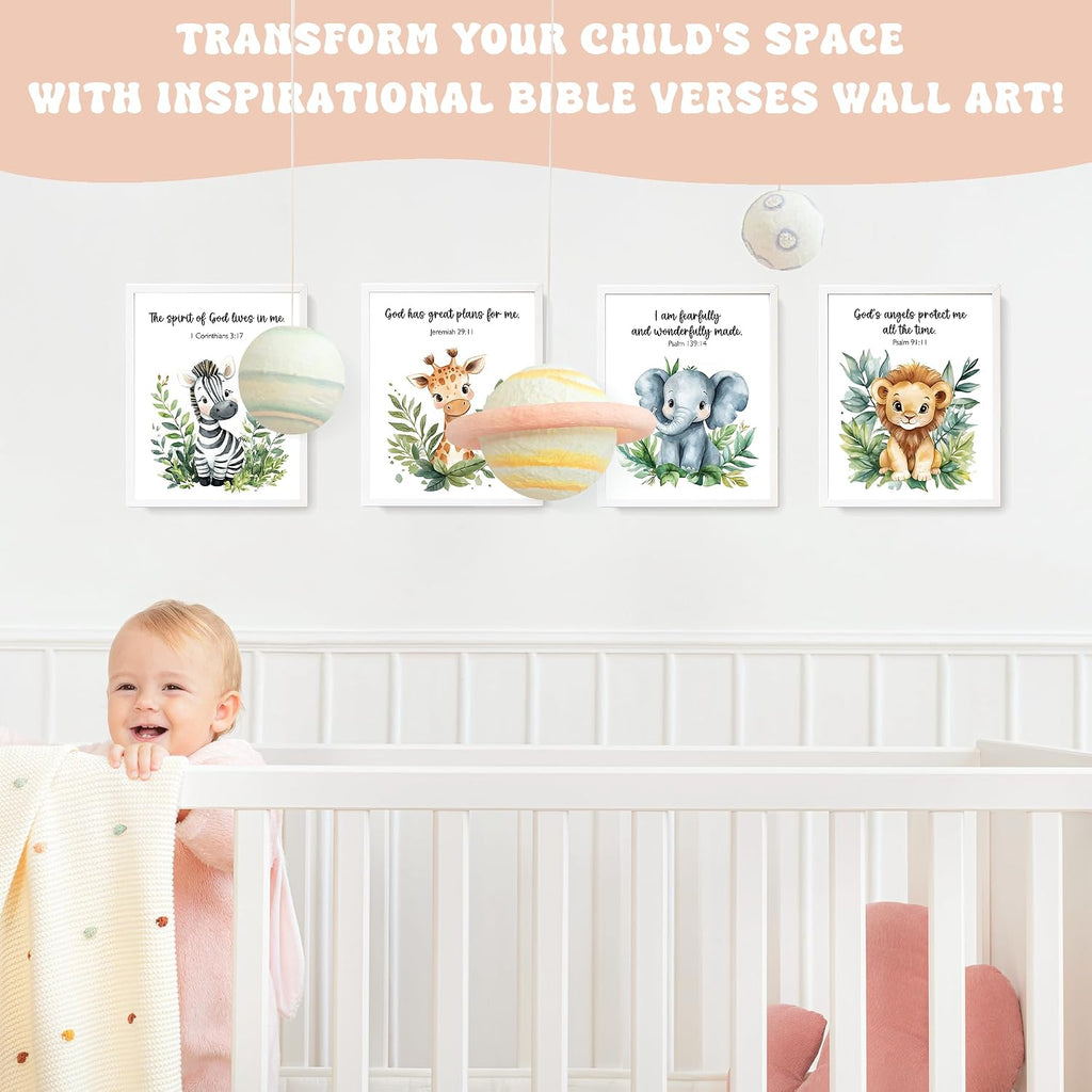 Woodland Nursery Animals Bible Verse Decor Wall Art Prints Poster, Cute Baby Forest Nursery Room Bedroom Bathroom Playroom Wall Art Decor for Nursery Kids Teen Girls Gifts, Christian Classroom Wall Decor, 10X8 Inch Set of 4 Pcs Gifts for Kids Pictures (UNFRAMED)