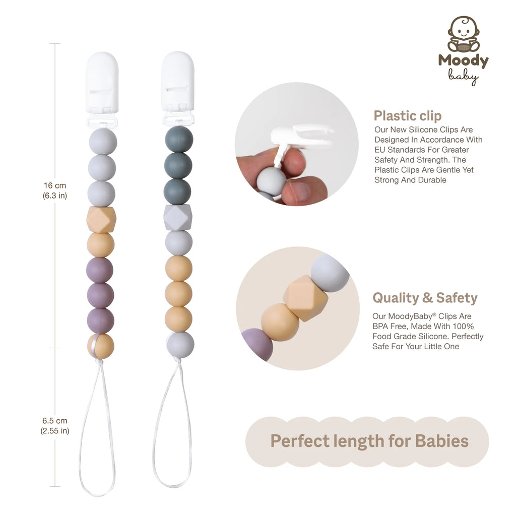 ® Pacifier Binky Clips for Boys Girls Soother Chain Silicone Holder 2 Pack Set for Baby Unisex Neutral Newborn Dummies Baby Shower Gift (Neutral Gray)