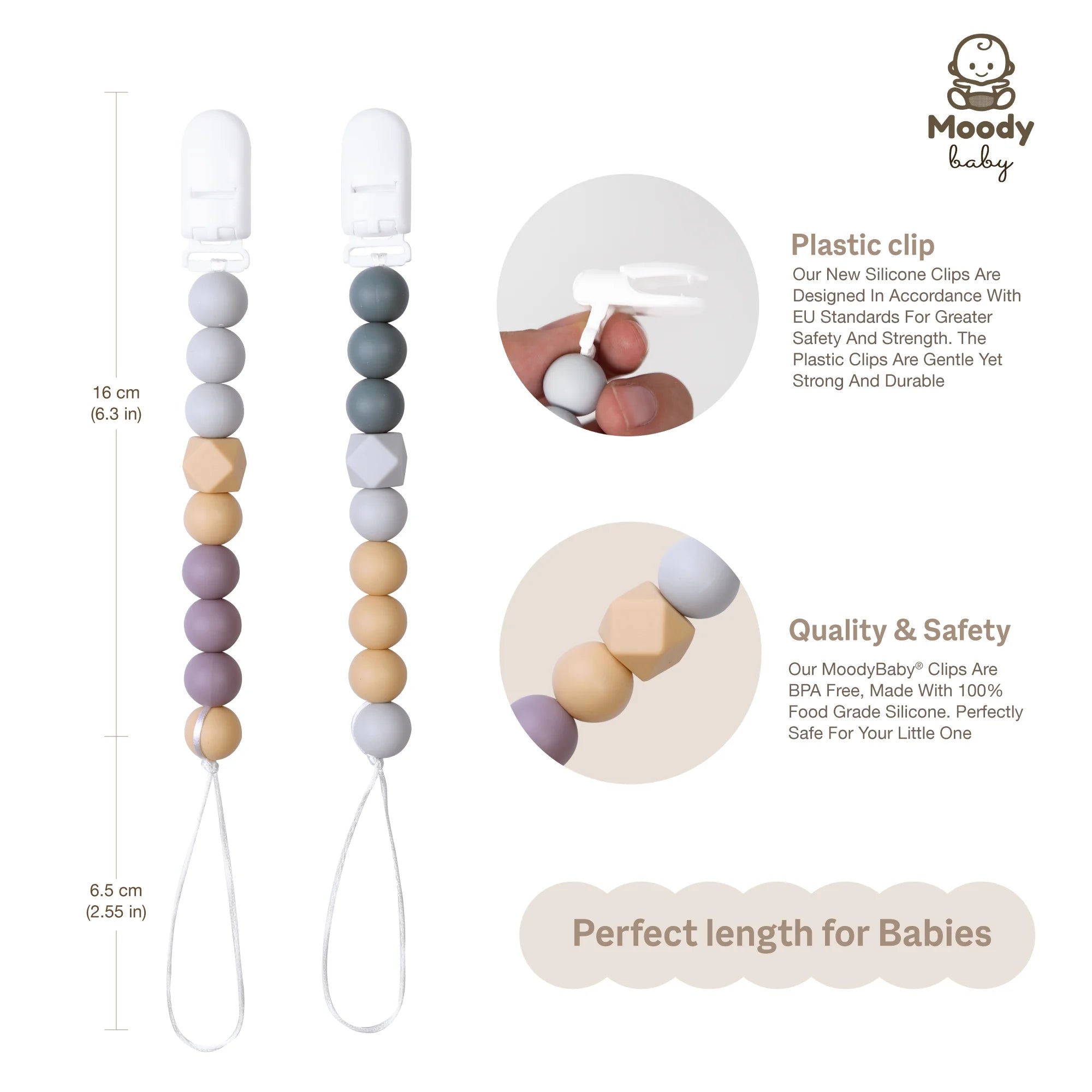 ® Pacifier Binky Clips for Boys Girls Soother Chain Silicone Holder 2 Pack Set for Baby Unisex Neutral Newborn Dummies Baby Shower Gift (Neutral Gray)