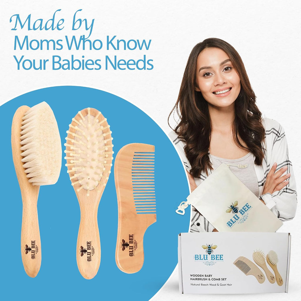 Wooden Baby Hairbrush & Comb Set | Soft Goat Hair Brush for New Born & Toddlers, Prevents Cradle Cap, 3-In-1 Gift Set for Baby Shower Celebrations