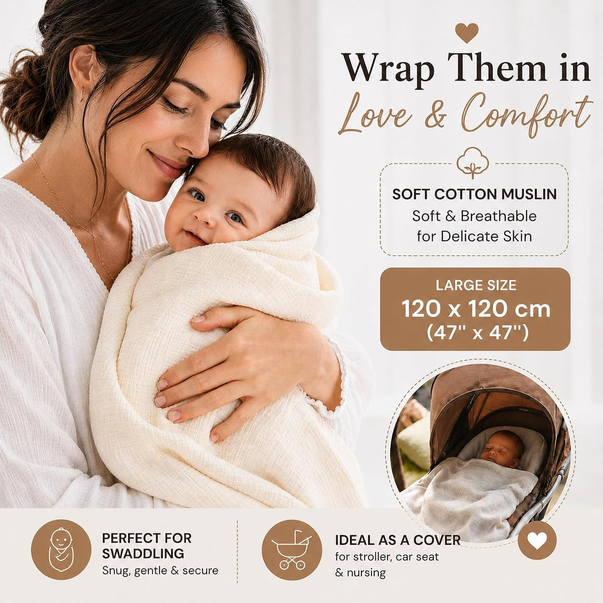 Baby Gift Basket – Gender Neutral Newborn Gift Set with Organic Cotton Swaddle, Plush Toy, Hooded Towel & Teether – New Baby Gift Basket for Baby Shower to Welcome Newborn