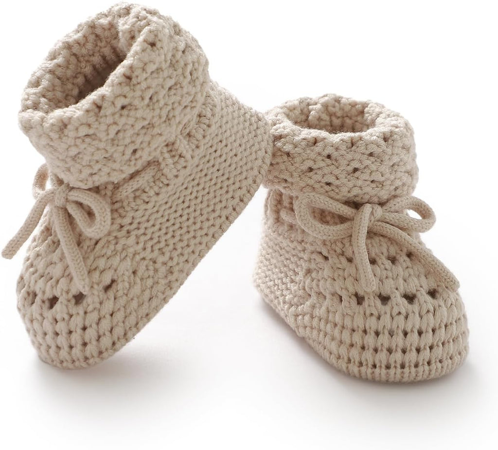 Baby Booties 100% Cotton Knitted Newborn First Cozy Warm Crib Shoes for Toddler Infant Boy Girl Babys Shower Gift