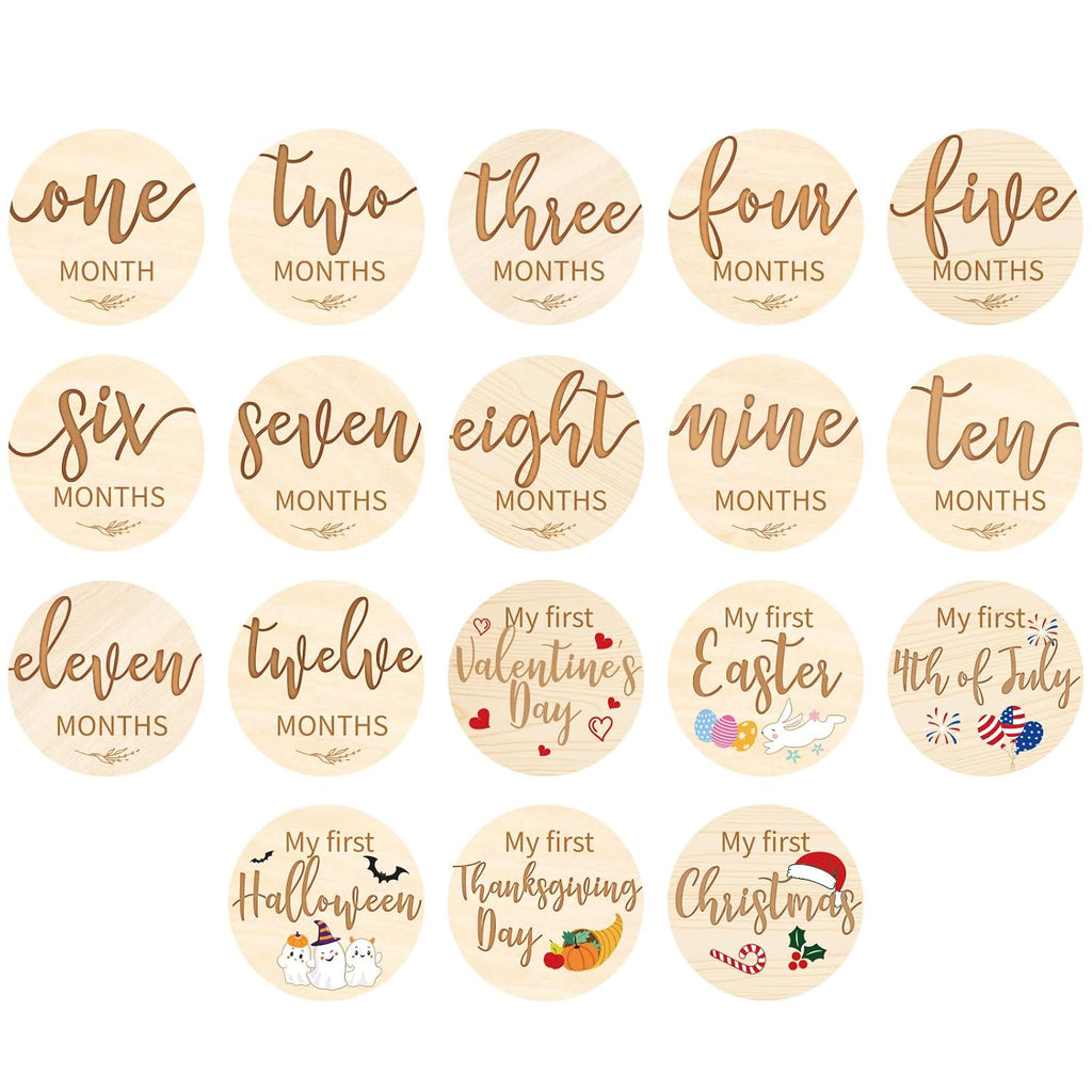 18 Pcs Baby Monthly Milestone Signs, 1-12 Month Holiday,Wood