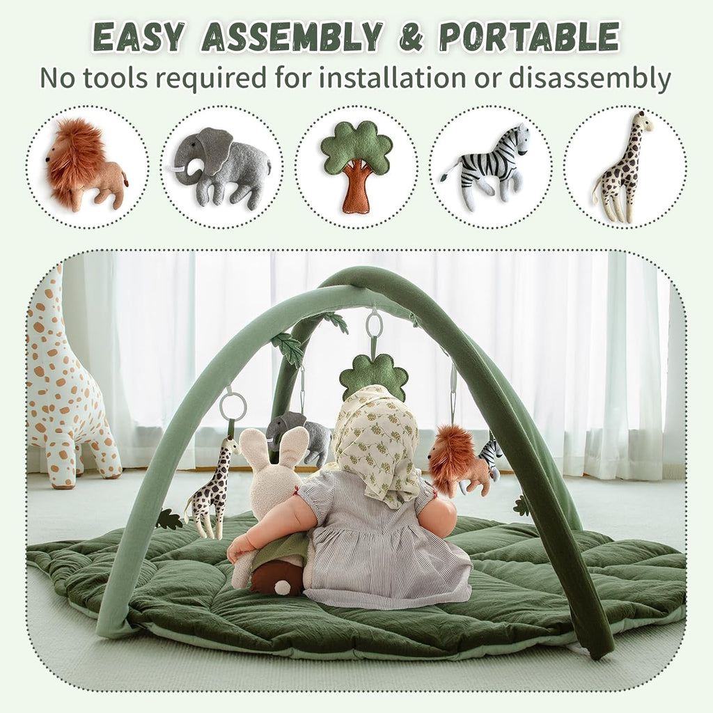 Baby Play Gym with Mat Leaf Shaped, Tummy Time Mat with 5 Hanging Toys | Baby Gym Activity Center, Infant Tummy Time Mat 5 Detachable Toys for Skill Development, Easy to Install, Washable, Green