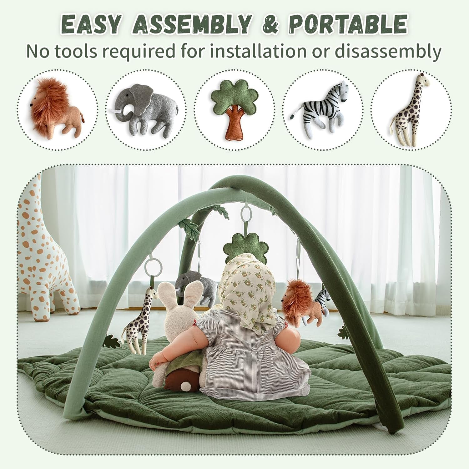Baby Play Gym with Mat Leaf Shaped, Tummy Time Mat with 5 Hanging Toys | Baby Gym Activity Center, Infant Tummy Time Mat 5 Detachable Toys for Skill Development, Easy to Install, Washable, Green