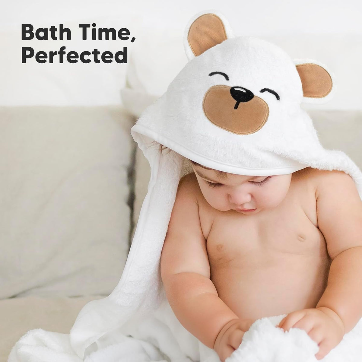 Hooded Baby Towel for Newborn, Baby Bath Towels (Grizzly, 35X35) | Viscose Derived from Bamboo, Large Baby Towels with Hood, Boys, Girls, Toddler, Soft Absorbent Baby Bath Essentials