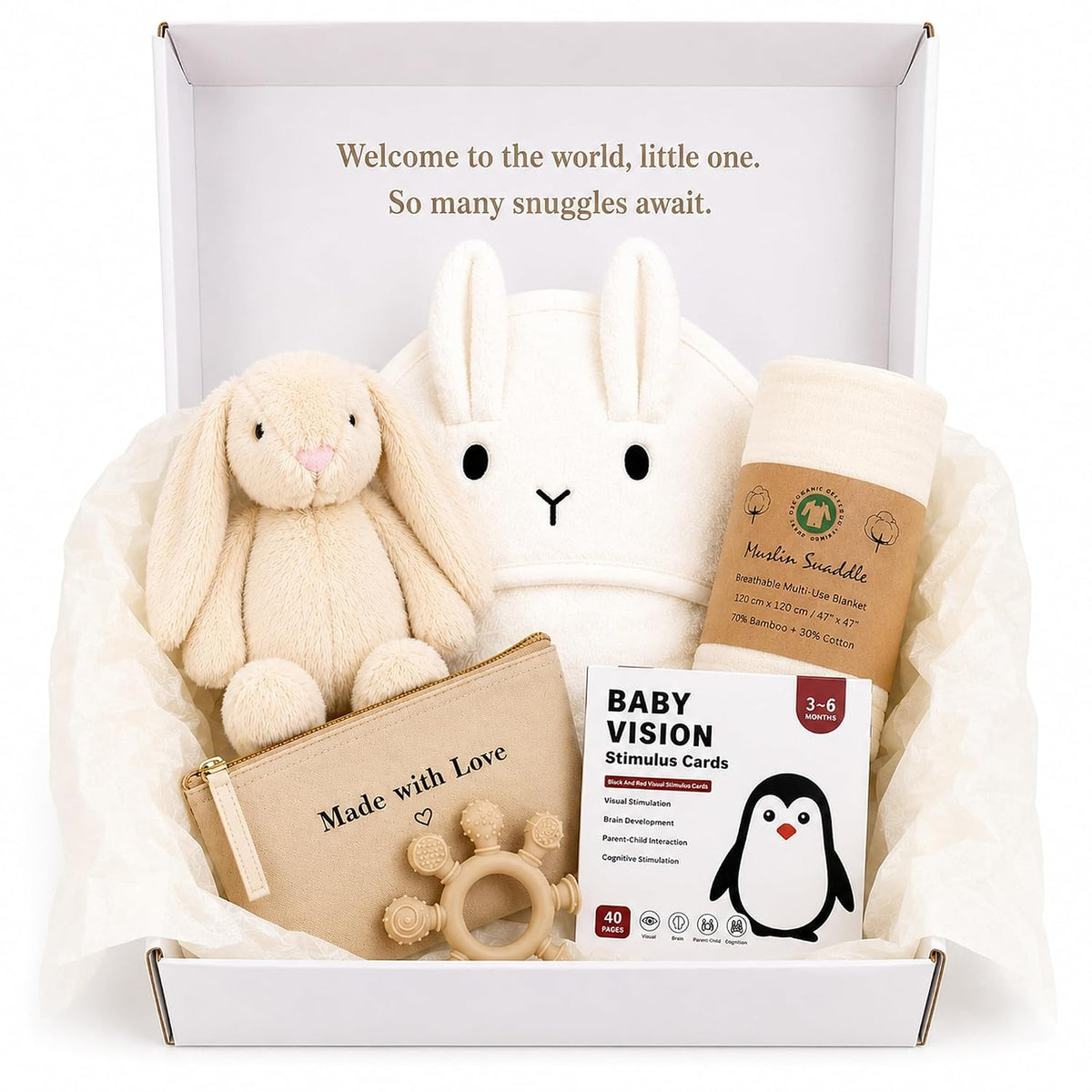 Baby Gift Basket – Gender Neutral Newborn Gift Set with Organic Cotton Swaddle, Plush Toy, Hooded Towel & Teether – New Baby Gift Basket for Baby Shower to Welcome Newborn