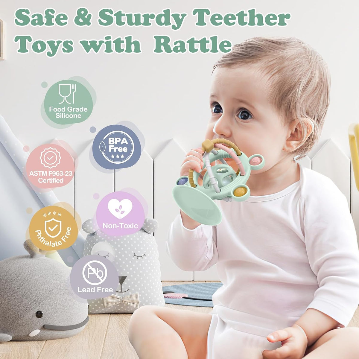 Silicone Baby Teething Toys for Babies 0-6 6-12 Months, Multi Purpose High Chair Toys, Baby Suction Table Toys, Teething Relief Chew Toy, Sensory Rattle Toy with Textures for Infants, Green