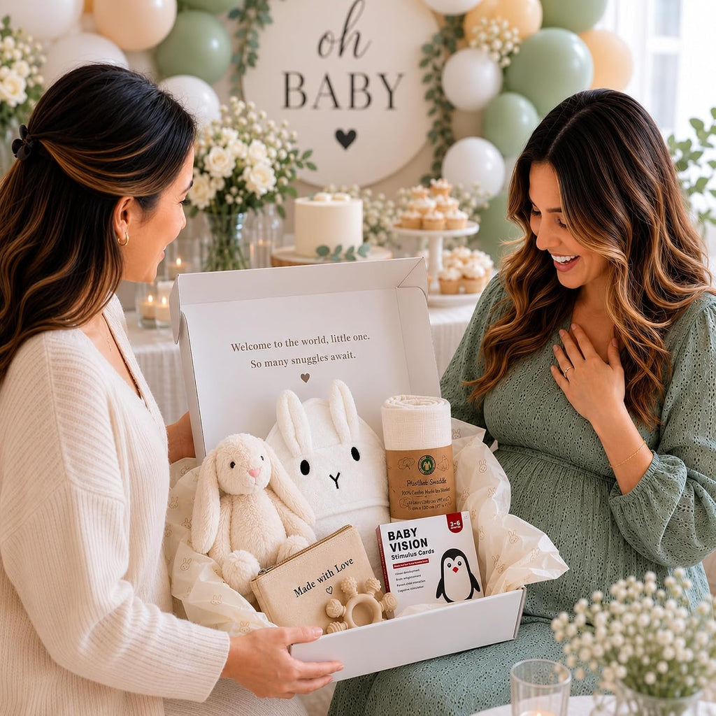 Baby Gift Basket – Gender Neutral Newborn Gift Set with Organic Cotton Swaddle, Plush Toy, Hooded Towel & Teether – New Baby Gift Basket for Baby Shower to Welcome Newborn