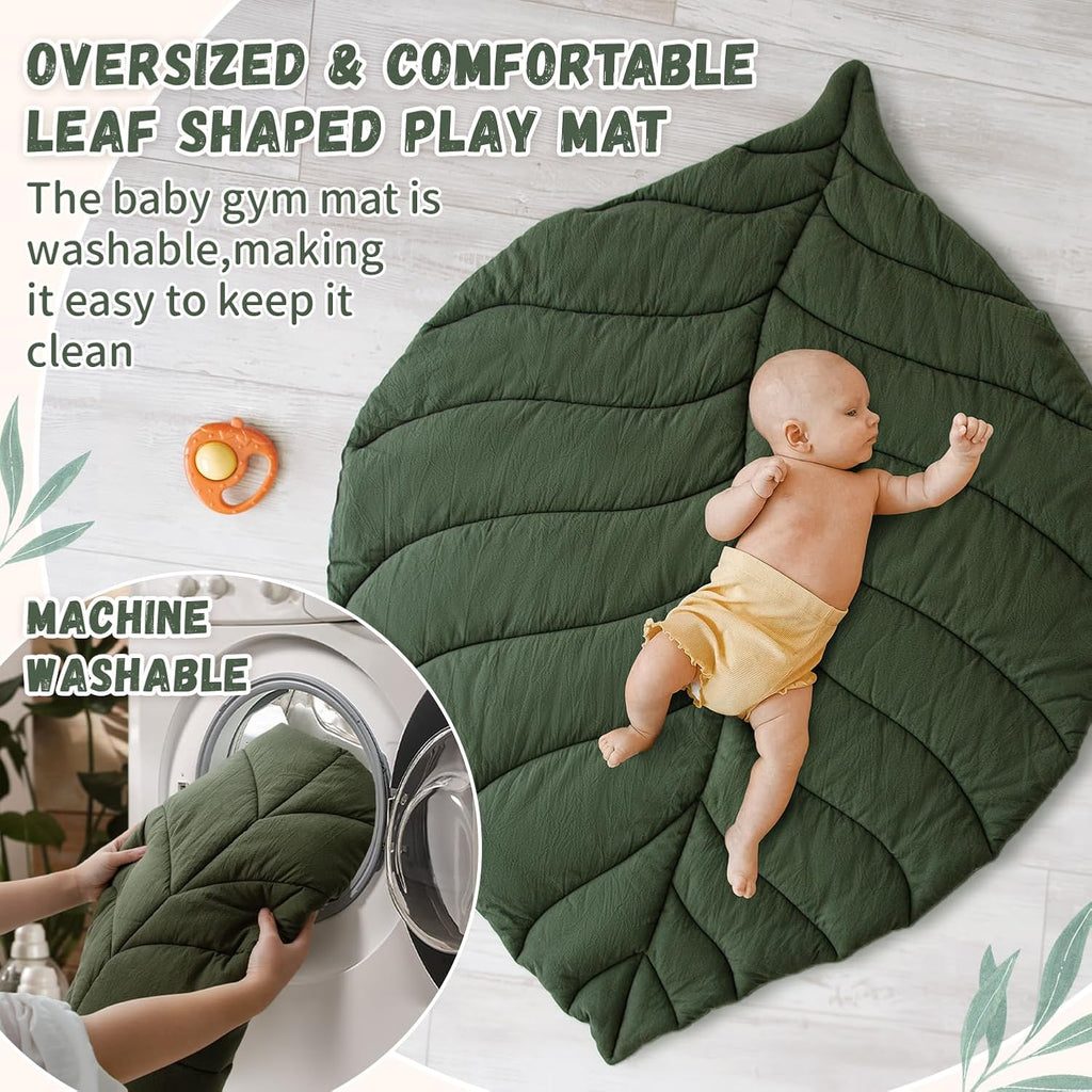 Baby Play Gym with Mat Leaf Shaped, Tummy Time Mat with 5 Hanging Toys | Baby Gym Activity Center, Infant Tummy Time Mat 5 Detachable Toys for Skill Development, Easy to Install, Washable, Green