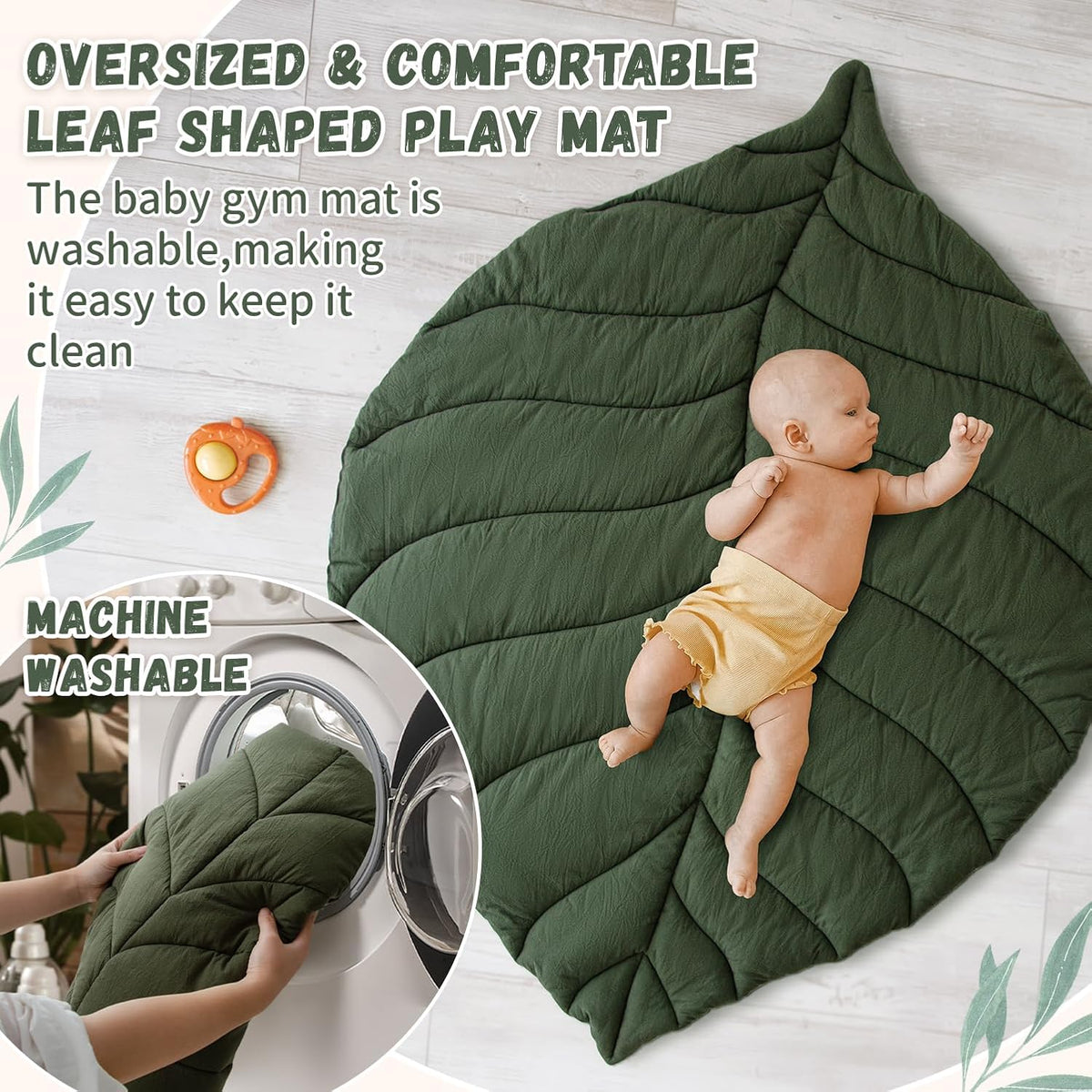 Baby Play Gym with Mat Leaf Shaped, Tummy Time Mat with 5 Hanging Toys | Baby Gym Activity Center, Infant Tummy Time Mat 5 Detachable Toys for Skill Development, Easy to Install, Washable, Green