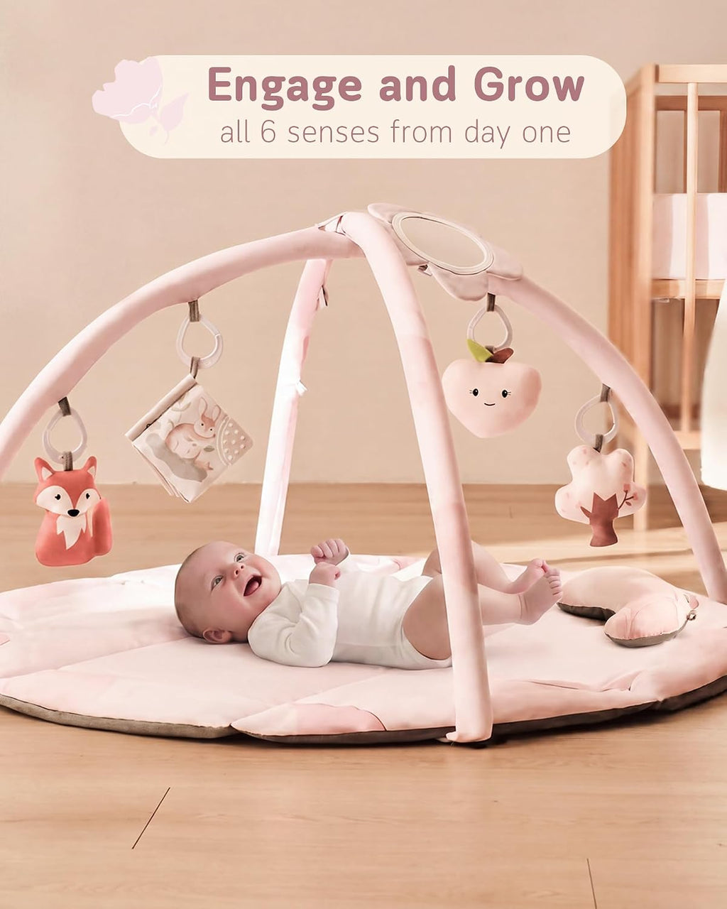 Baby Play Gym & Activity Mat, Machine Washable & Foldable Tummy Time Mat with 5 Detachable Toys, Certified Safe Newborn Essentials Gift for Baby Registry 0-12 Months (Rose Pink)