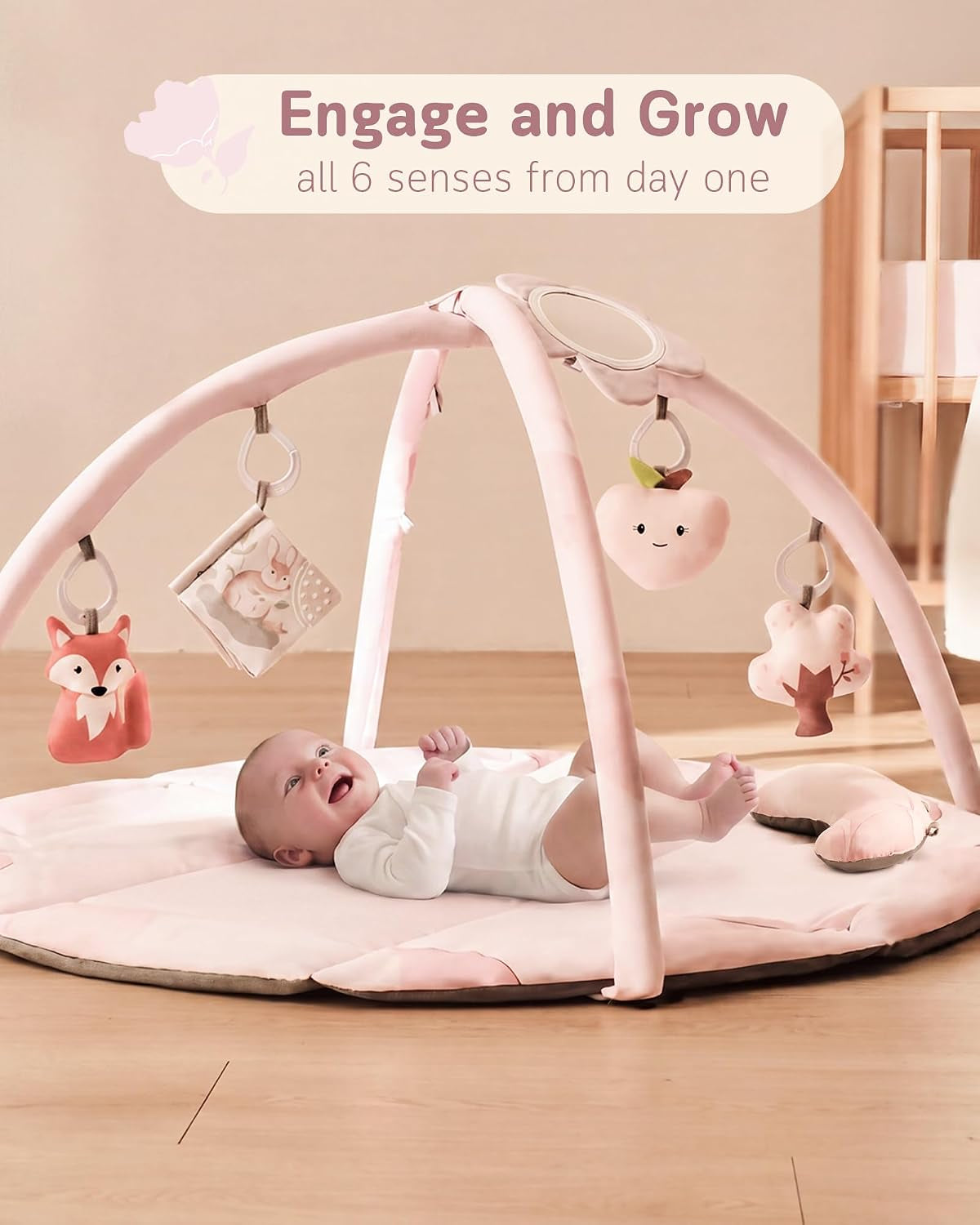 Baby Play Gym & Activity Mat, Machine Washable & Foldable Tummy Time Mat with 5 Detachable Toys, Certified Safe Newborn Essentials Gift for Baby Registry 0-12 Months (Rose Pink)