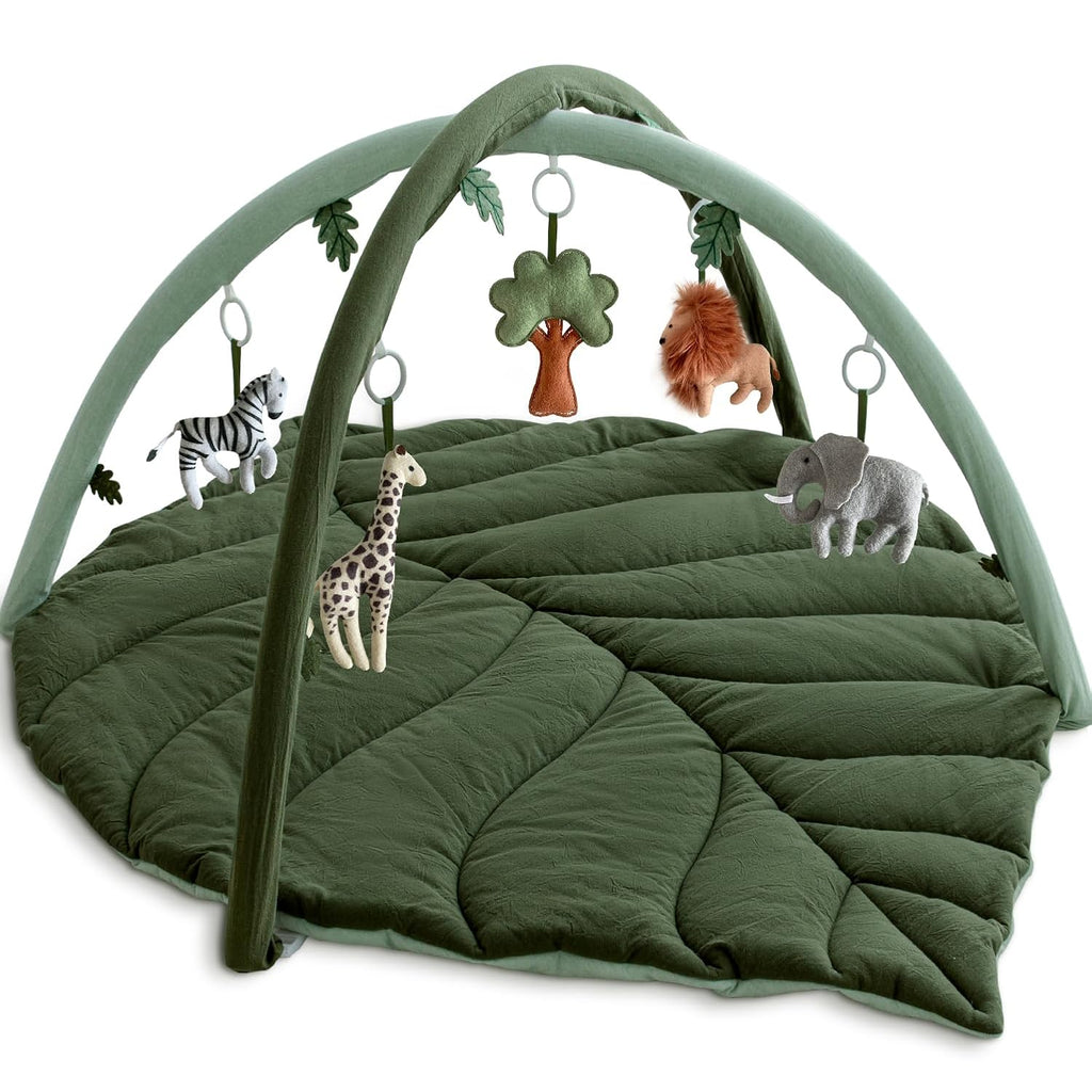 Baby Play Gym with Mat Leaf Shaped, Tummy Time Mat with 5 Hanging Toys | Baby Gym Activity Center, Infant Tummy Time Mat 5 Detachable Toys for Skill Development, Easy to Install, Washable, Green