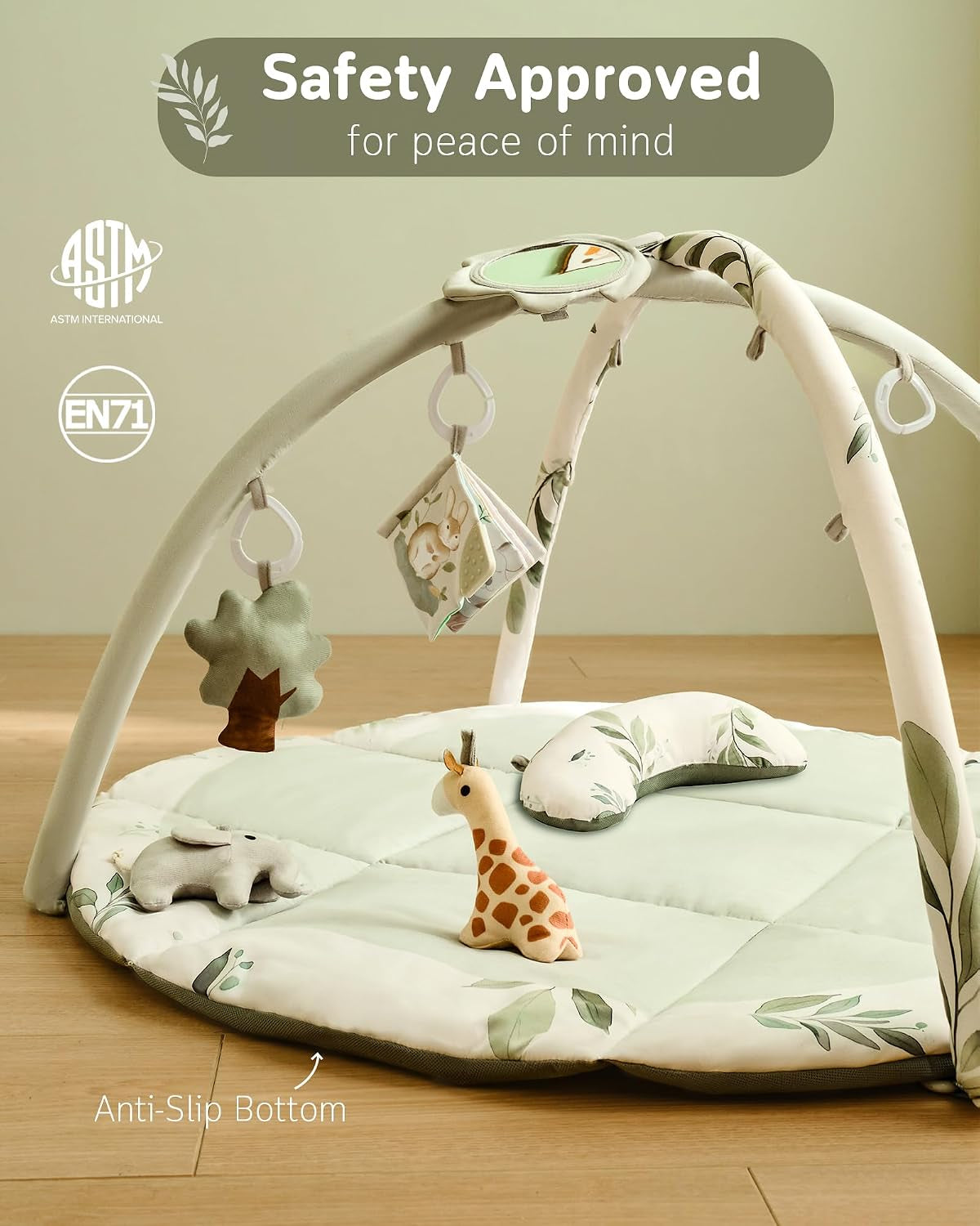 Baby Play Gym & Activity Mat, Machine Washable & Foldable Tummy Time Mat with 5 Detachable Toys, Certified Safe Newborn Essentials Gift for Baby Registry 0-12 Months (Sage Green)