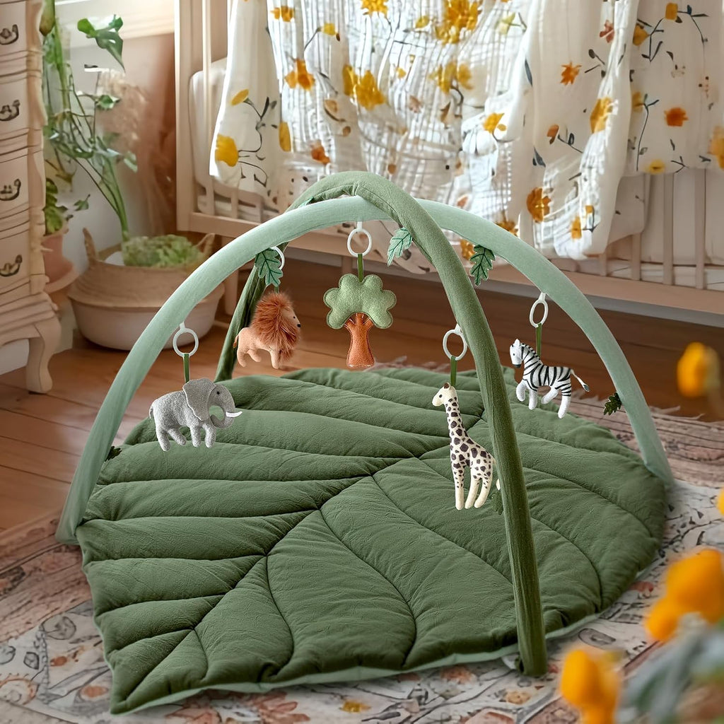 Baby Play Gym with Mat Leaf Shaped, Tummy Time Mat with 5 Hanging Toys | Baby Gym Activity Center, Infant Tummy Time Mat 5 Detachable Toys for Skill Development, Easy to Install, Washable, Green