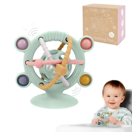 Silicone Baby Teething Toys for Babies 0-6 6-12 Months, Multi Purpose High Chair Toys, Baby Suction Table Toys, Teething Relief Chew Toy, Sensory Rattle Toy with Textures for Infants, Green