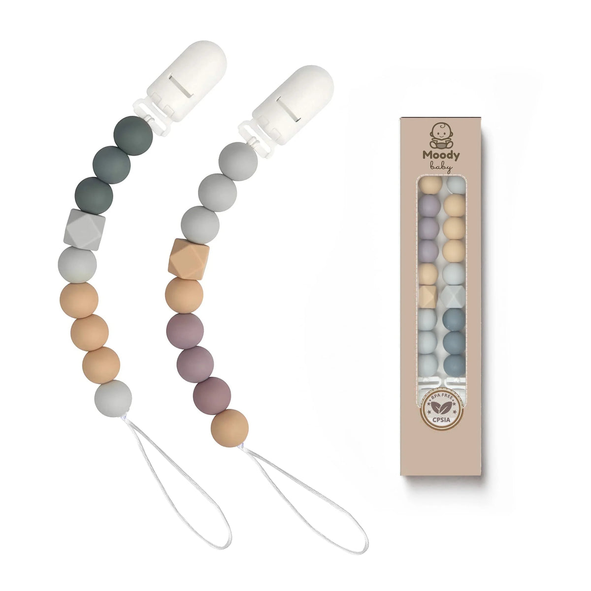 ® Pacifier Binky Clips for Boys Girls Soother Chain Silicone Holder 2 Pack Set for Baby Unisex Neutral Newborn Dummies Baby Shower Gift (Neutral Gray)