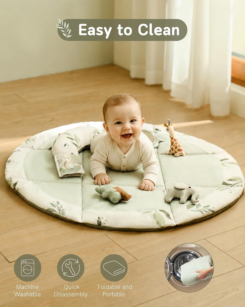 Baby Play Gym & Activity Mat, Machine Washable & Foldable Tummy Time Mat with 5 Detachable Toys, Certified Safe Newborn Essentials Gift for Baby Registry 0-12 Months (Sage Green)